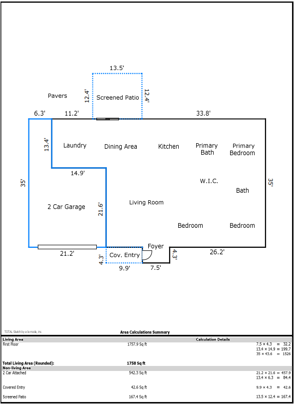 Floor plan sketch from our physical measurement, with dimensions and area calculations