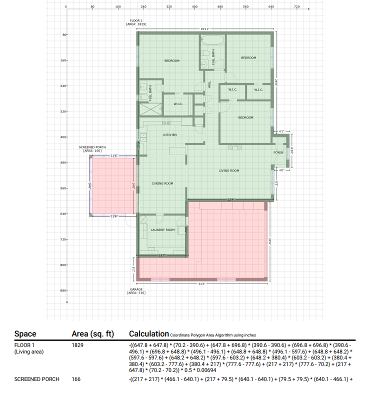 Floor plan sketch produced by the smartphone measuring app, with area calculations